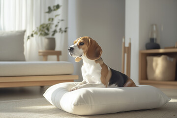 Beagle sitting on a dog bed in a cozy home interior, with a white and beige color scheme, wooden furniture, and minimalist decor. The living space is pet-friendly