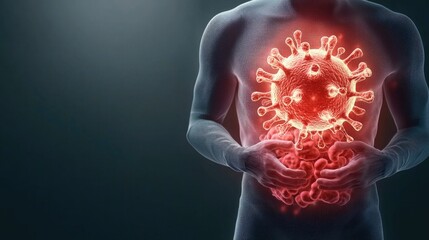 Norovirus symptoms concept. A digital representation of a human figure with a glowing virus inside, illustrating the impact of pathogens on the body.