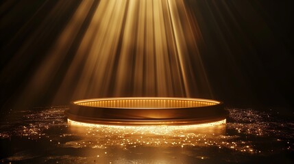 Gold award podium. Empty 3d golden stage with glowing light rays on glitter floor. Luxury product presentation, glamour design beauty industry, winner ceremony. Abstract vector illustration on black