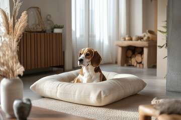 A beagle sits in a cozy dog bed in a bright, airy living room. The soft furnishings and warm tones create a tranquil atmosphere perfect for relaxation.