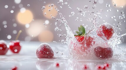 Juicy strawberries and cherries splashing in liquid, frozen in motion with vibrant color imagine food photography,