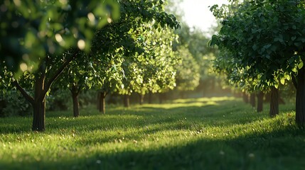 Fototapeta premium Rows of lush green trees forming a natural landscape, perfect for environmental or park themes imagine oil painting