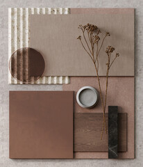 Mocha mousse - color of the year - moodboard sample - paint, fabric, marble, stone, dry flowers, glass, interior design