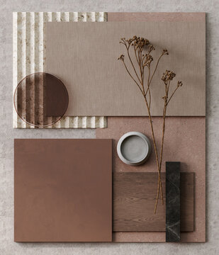 Fototapeta Mocha mousse - color of the year - moodboard sample - paint, fabric, marble, stone, dry flowers, glass, interior design