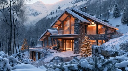 Fototapeta premium Chalet Chic: Luxurious 3D Rendering of a Modern Alpine Home and Landscape at Night