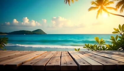 Fototapeta premium A wooden dock overlooking a tropical beach with palm trees , turquoise ocean , and a bright sky with clouds