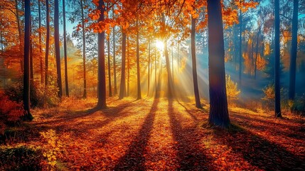 Obraz premium A scenic view of a vibrant forest kissed by sunlight, with shadows weaving a serene tapestry on the forest floor 
