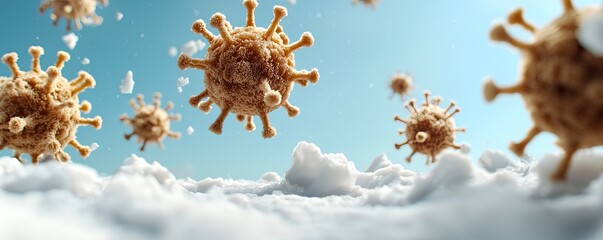 A vivid illustration of virus particles floating above fluffy clouds against a blue sky background, representing the unseen world of pathogens.