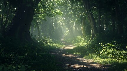 Fototapeta premium The interplay of light and shadow on a quiet forest trail, surrounded by lush greenery and tall trees 