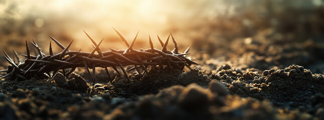 A crown of thorns, nails, and an old wooden cross on the ground with copy space for text in the foreground. This serves as an Easter background banner concept. The background is blurred to highlight