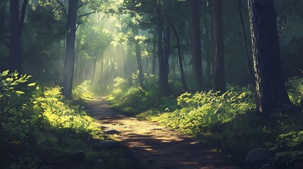 Obraz premium The interplay of light and shadow on a quiet forest trail, surrounded by lush greenery and tall trees 