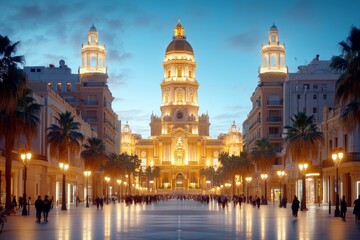 Fototapeta premium Majestuosa celebración de Semana Santa en Málaga con iluminaciones y arquitectura impresionante