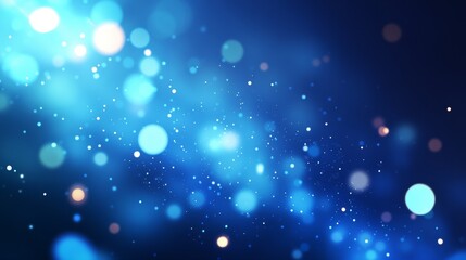 Abstract blue bokeh background with glowing particles and light streaks.