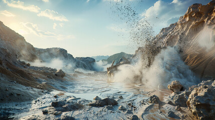 In an alluvial mining site, jets of water from high-pressure cannons erode sediment-heavy rock, forming thick muddy flows that channel into collection areas.
