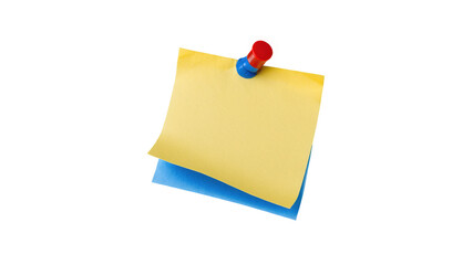 Yellow sticky note pinned with a blue pin on a blue note in an office setting during daylight hours