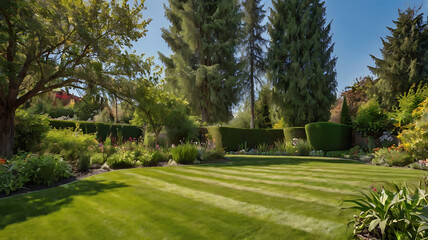 Fototapeta premium beautiful garden lawn with a large beautiful blue sky in the background 