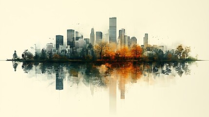 Fototapeta premium Urban Skyline Reflected in Autumnal Waterscape