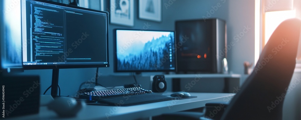 Aufkleber Modern desk setup showing programming code on monitor in home office