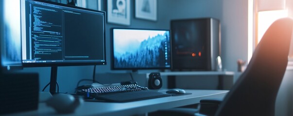 Modern desk setup showing programming code on monitor in home office