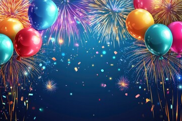 Vibrant Celebration Background with Colorful Balloons, Fireworks Display, and Sparkling Confetti for Festive Events and Party Invitations