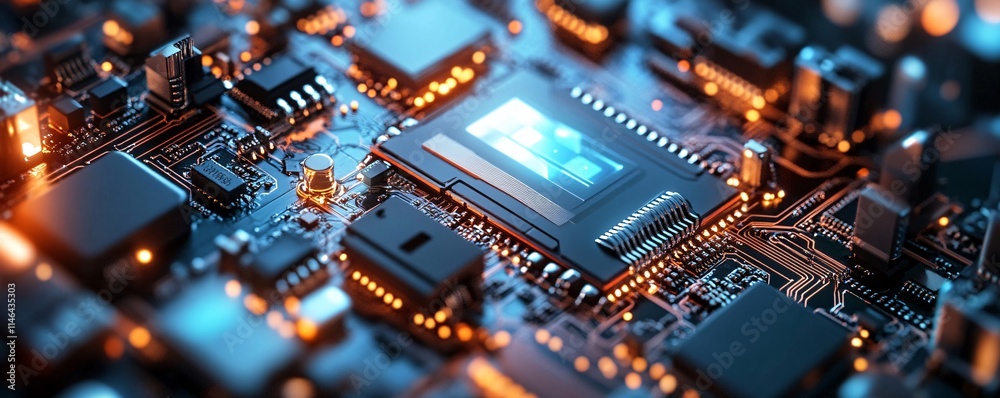 Poster Close-up of computer motherboard components lighting up