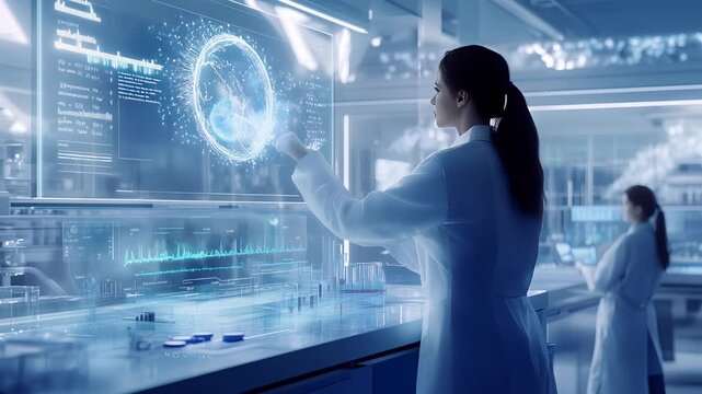 Scientists analyze genetic data in a modern laboratory focused on DNA research and biotechnology