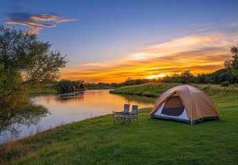 Serene Camping Scene by the Water During Vibrant Sunset Glow