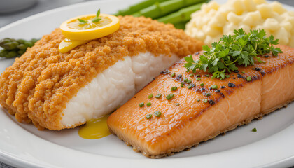 Delicious plate of fried fish and grilled salmon garnished with lemon and herbs
