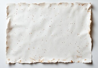 Aged, textured paper with brown spots and uneven edges on white background.
