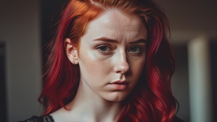 Fototapeta premium sad red haired young woman looking at camera