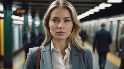 Naklejka premium girl's face in a jacket on a platform in the subway