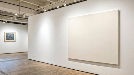 A white canvas, a blank slate, ready to be filled with the artist's imagination, showcased in a contemporary art gallery