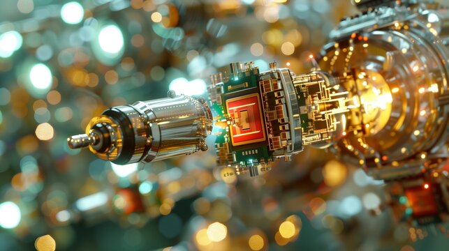 Modern High Tech Authentic Robot Arm Holding Contemporary Super Computer Processor. Industrial Robotic Manipulator End Effector Holding CPU Chip