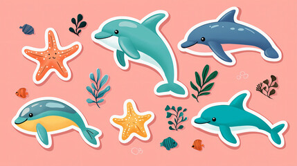 Colorful dolphins and starfish stickers underwater scene fun art