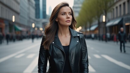 Fototapeta premium brunette's face in black leather jacket on the street looking at camera
