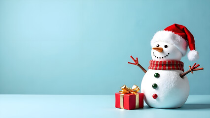 snowman with gift box on the blue background