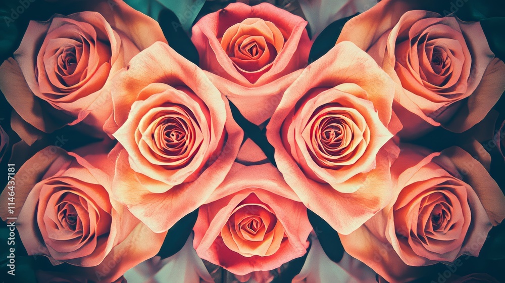 Poster artistic composition of roses in a symmetrical pattern against a geometric backdrop, creative shot, 