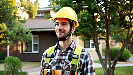 Smiling construction worker wearing a yellow hard hat and tool belt standing confidently outside a newly built suburban home.