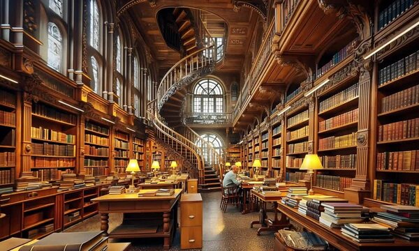 a reading man alone in old books library
