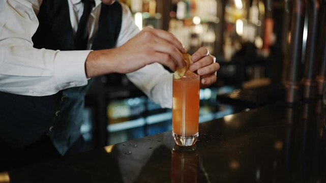 A bartender is making a drink with a lime. The drink is in a glass and the bartender is pouring it into the glass