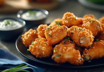 Fototapeta premium Crispy Chicken Wings Served with Dipping Sauces and Fresh Herbs
