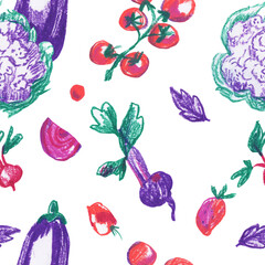 Red and purple vegetables wax crayons seamless pattern on white isolated background. Textural and food repeating pattern. Design for textiles, wrapping paper and wallpaper.