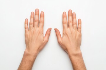 Two human hands are positioned palm-up on a clean white surface, showcasing their natural appearance and skin tones.