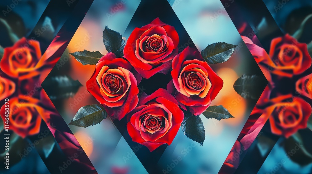 Poster artistic composition of roses in a symmetrical pattern against a geometric backdrop, creative shot, 