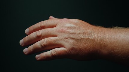 A close-up of a human hand, palm facing slightly sideways, set against a dark background, highlighting skin texture and details.