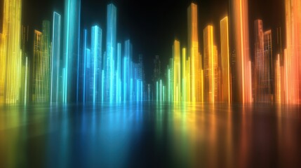 A vibrant, abstract representation of colorful vertical bars against a dark background, reminiscent of sound waves or digital cityscapes.