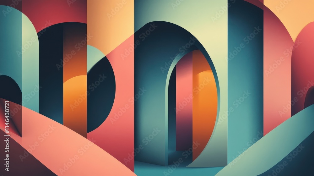 Poster abstract geometric composition with arches and curves in vibrant colors.