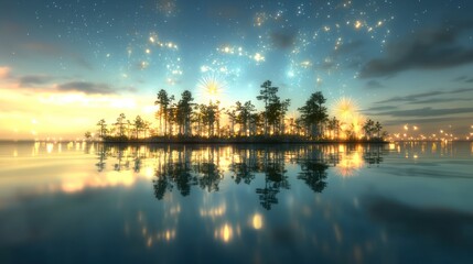 A serene landscape featuring a reflective body of water, surrounded by trees, beneath a starry sky filled with sparkling lights.