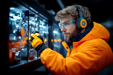 Primer plano de manos con guantes en un entorno industrial trabajando con maquinaria