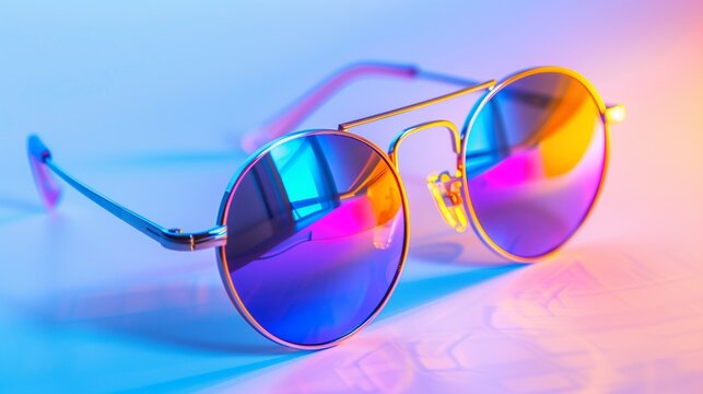 Pair of stylish sunglasses with reflective lenses, isolated on a bright white background. 400mm lens